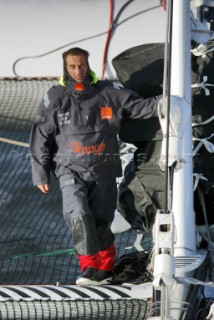 Arrival of maxi cat Orange skippered by Bruno Peyron in Brest at the end of the successful Jules Verne 2005 setting a new round the world record time of 50 days, 16 hours, 20 mins and 4 secs!