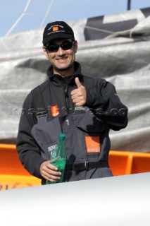 Arrival of maxi cat Orange skippered by Bruno Peyron in Brest at the end of the successful Jules Verne 2005 setting a new round the world record time of 50 days, 16 hours, 20 mins and 4 secs!