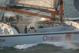 Arrival of maxi cat Orange skippered by Bruno Peyron in Brest at the end of the successful Jules Verne 2005 setting a new round the world record time of 50 days, 16 hours, 20 mins and 4 secs!