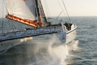 Arrival of maxi cat Orange skippered by Bruno Peyron in Brest at the end of the successful Jules Verne 2005 setting a new round the world record time of 50 days, 16 hours, 20 mins and 4 secs!