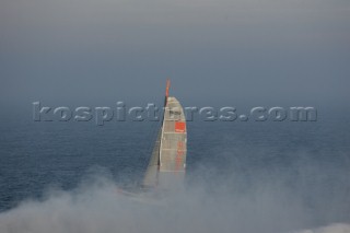 Arrival of maxi cat Orange skippered by Bruno Peyron in Brest at the end of the successful Jules Verne 2005 setting a new round the world record time of 50 days, 16 hours, 20 mins and 4 secs!