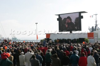 Arrival of maxi cat Orange skippered by Bruno Peyron in Brest at the end of the successful Jules Verne 2005 setting a new round the world record time of 50 days, 16 hours, 20 mins and 4 secs!