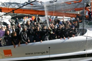 Arrival of maxi cat Orange skippered by Bruno Peyron in Brest at the end of the successful Jules Verne 2005 setting a new round the world record time of 50 days, 16 hours, 20 mins and 4 secs!