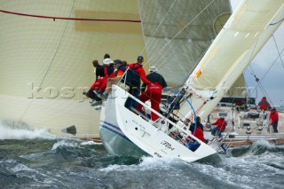 Cork Week 2004, Corby 49 FLIRT, sailed by Oyster Marine chairman Richard Matthews, crosses Swan 68 CHIPPEWA (both IRC 0)