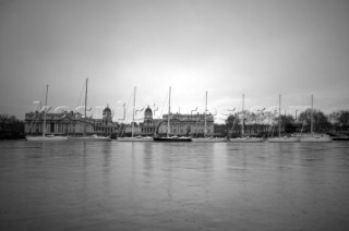 The 2005 Oyster yacht fleet on the Thames in London in front of the landmark Greenwich Maritime Museum