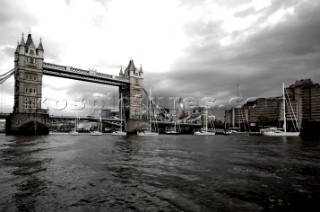 The 2005 Oyster yacht fleet on the Thames in London in front of the landmark Tower Bridge