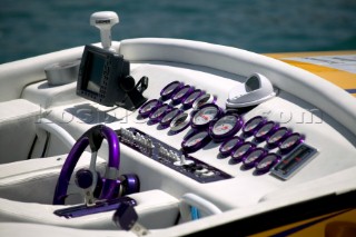 P1 Malta 2005. Instruments, wheel and controls onboard a racing powerboat