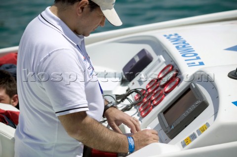 P1 Malta 2005 Instruments wheel and controls onboard a racing powerboat