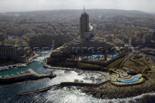 P1 Malta 2005. Port and harbour of Portomasso. Aerial view of the architecture and historic buildings of the town of Valetta, Malta