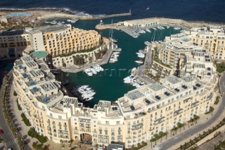 P1 Malta 2005. Port and harbour of Portomasso. Aerial view of the architecture and historic buildings of the town of Valetta, Malta