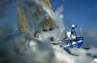 Volvo Ocean Race 2005-2006. Spray surrounding Telefonica Movistar - Volvo 70 Canting ballast swing keel