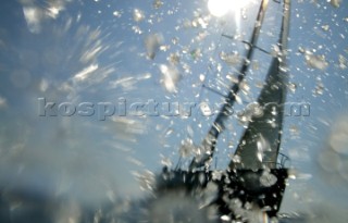 Volvo Ocean Race 2005-2006. Spray surrounding Telefonica Movistar - Volvo 70 Canting ballast swing keel