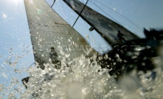 Volvo Ocean Race 2005-2006. Spray surrounding Telefonica Movistar - Volvo 70 Canting ballast swing keel