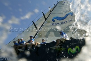 Volvo Ocean Race 2005-2006. Spray surrounding Telefonica Movistar - Volvo 70 Canting ballast swing keel