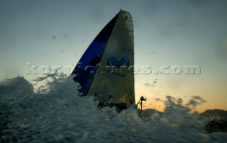 Volvo Ocean Race 2005-2006. Spray surrounding Telefonica Movistar - Volvo 70 Canting ballast swing keel