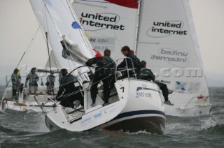 Langenargen-Germany-14 May 2005. Swedish Match Tour-Match Race Germany 2005. Quarter Finals. Ian Williams vs. Ed Baird