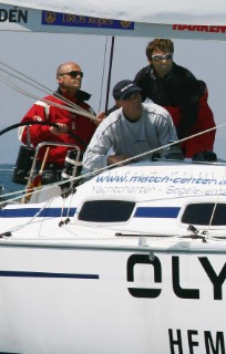 Langenargen-Germany-8 May 2005. Swedish Match Tour-Match Race Germany 2005. German Match Race skipper Jasper Bank and his crew, with tasctician Markus Wieser on the right