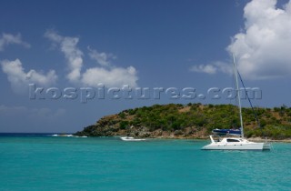 Jost Van Dyke Island - British Virgin Islands - . Green Cay and Little Jost Van Dyke with boats -. Cruise