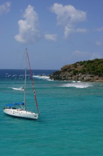 Jost Van Dyke Island - British Virgin Islands- . Green Cay and Little Jost Van Dyke with boats -. Cruise