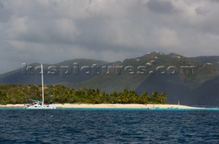 Jost Van Dyke Island - British Virgin Islands- . Green Cay and Little Jost Van Dyke with boats -. Cruise