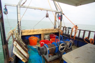 Oyster fishing Whitstable Kent, for Pacific and Native Oysters on the the traditional Oyster beds on the North Kent Coast of England