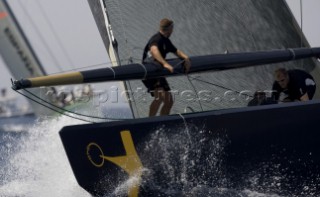 32nd Americas Cup -Valencia Louis Vuitton Acts 4 & 5. VICTORY CHALLENGE VS DESAFIO ESPANOL 2007. Bowman guides the spinnaker pole before the hoist.