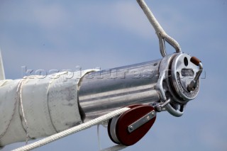 Mainsheet block on the end of the boom on board Gipsy Moth IV after her relaunch in June 2005