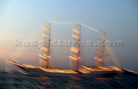 Light effect on tall ship at the Trafalgar 200 warship and fleet review celebrations 2005