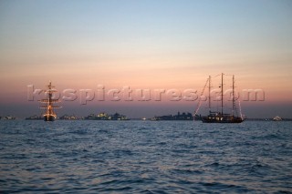 Tall ships at anchor in the Solent at the Trafalgar 200 warship and fleet review celebrations 2005