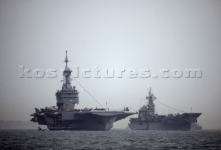 Two Aircraft Carriers anchored in the Solent at the Trafalgar 200 warship and fleet review celebrations 2005