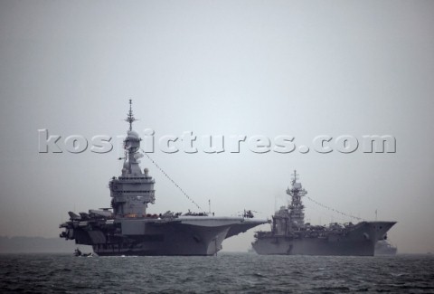 Two Aircraft Carriers anchored in the Solent at the Trafalgar 200 warship and fleet review celebrati