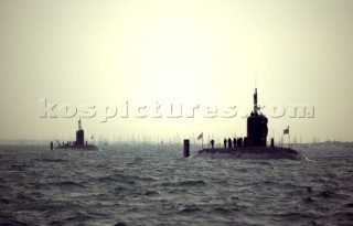 Two submarines anchored in the Solent at the Trafalgar 200 warship and fleet review celebrations 2005