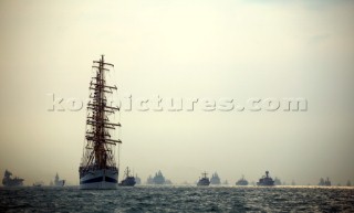 Tall ship sail trainer anchored in the Solent at the Trafalgar 200 warship and fleet review celebrations 2005