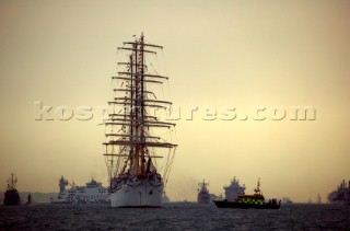 Tall ship sail trainer anchored in the Solent at the Trafalgar 200 warship and fleet review celebrations 2005