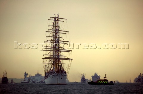 Tall ship sail trainer anchored in the Solent at the Trafalgar 200 warship and fleet review celebrat