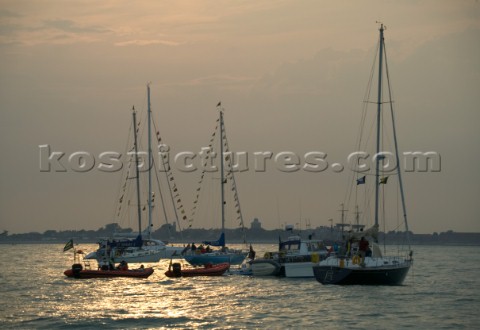 Cruising yachts rafted together on the Solent to watch the Trafalgar 200 warship and fleet review ce