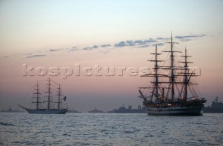 Square riggers anchored at the Trafalgar 200 warship and fleet review celebrations 2005