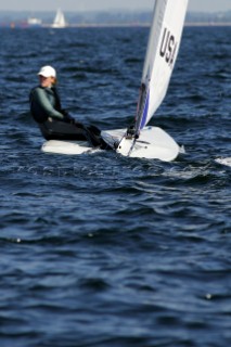 Kiel, Germany, 23/06/2005: KIELER WOCHE - day 2 of the Olympic Class regatta started with a postponement due to lack of wind. Racing began late in the afternoon i 8 knots of breeze. Racing continues until Sunday. Paige Railey, USA in Laser Radial.