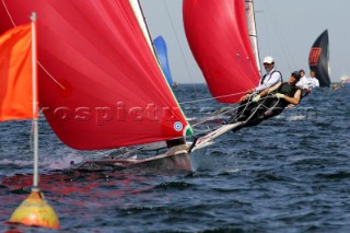 Kiel - Germany - 23 june 2005 KIELER WOCHE - day 2 of the Olympic Class regatta started with a postponement due to lack of wind. Racing began late in the afternoon i 8 knots of breeze. Racing continues until Sunday.Marcus Baur/Max Groy, GER, 49er class.