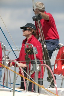 Simon Le Bon of Duran Duran sails his maxi yacht Arnold Clark Drum across the startline of the Fastnet Race 2005 having reunited his original crew 20 years after the yacht capsized when its keel fell off in the Fastnet Race of 1985