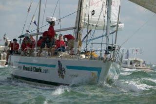 Simon Le Bon of Duran Duran sails his maxi yacht Arnold Clark Drum across the startline of the Fastnet Race 2005 having reunited his original crew 20 years after the yacht capsized when its keel fell off in the Fastnet Race of 1985