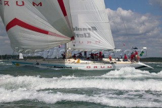 Simon Le Bon of Duran Duran sails his maxi yacht Arnold Clark Drum across the startline of the Fastnet Race 2005 having reunited his original crew 20 years after the yacht capsized when its keel fell off in the Fastnet Race of 1985