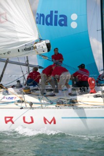 Simon Le Bon of Duran Duran sails his maxi yacht Arnold Clark Drum across the startline of the Fastnet Race 2005 having reunited his original crew 20 years after the yacht capsized when its keel fell off in the Fastnet Race of 1985