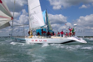 Simon Le Bon of Duran Duran sails his maxi yacht Arnold Clark Drum across the startline of the Fastnet Race 2005 having reunited his original crew 20 years after the yacht capsized when its keel fell off in the Fastnet Race of 1985