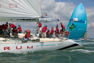 Simon Le Bon of Duran Duran sails his maxi yacht Arnold Clark Drum across the startline of the Fastnet Race 2005 having reunited his original crew 20 years after the yacht capsized when its keel fell off in the Fastnet Race of 1985