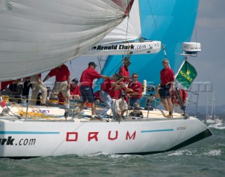 Simon Le Bon of Duran Duran sails his maxi yacht Arnold Clark Drum across the startline of the Fastnet Race 2005 having reunited his original crew 20 years after the yacht capsized when its keel fell off in the Fastnet Race of 1985