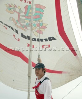 Duran Duran star Simon Le Bon on board the maxi yacht Arnold Clarke Drum at the start of the Rolex Fastnet Race 2005