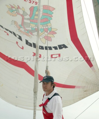 Duran Duran star Simon Le Bon on board the maxi yacht Arnold Clarke Drum at the start of the Rolex F