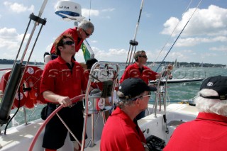 Duran Duran star Simon Le Bon at the helm of maxi yacht Arnold Clarke Drum at the start of the Rolex Fastnet Race 2005