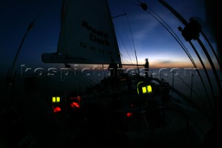 Onboard the maxi yacht Drum during the Fastnet Race 2005, 20 years after the yachts fateful capsize in the same race. Celebrity rockstar Simon Le Bon is sailing with the original crew.